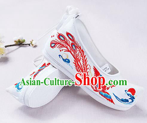 Chinese Handmade Embroidered Phoenix White Opera Shoes Traditional Hanfu Shoes National Shoes for Women