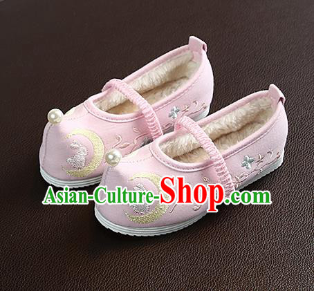 Chinese Handmade Embroidered Old Beijing Pink Shoes Traditional Hanfu Shoes National Shoes for Kids