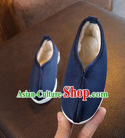 Chinese Handmade Navy Linen Shoes Traditional Monk Shoes National Shoes for Kids