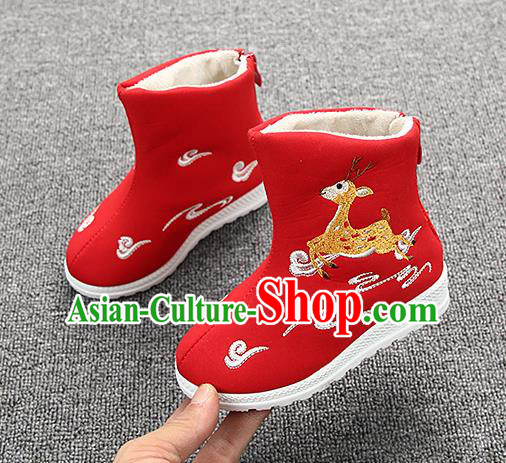 Chinese Handmade Winter Embroidered Deer Red Boots Traditional Hanfu Shoes National Shoes for Kids