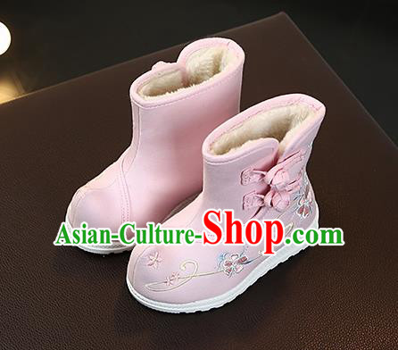 Chinese Handmade Winter Embroidered Pink Boots Traditional Hanfu Shoes National Shoes for Kids