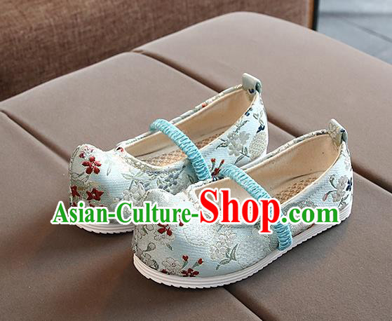Chinese Handmade Blue Brocade Shoes Traditional Hanfu Shoes National Shoes for Kids