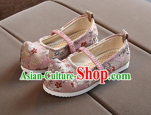 Chinese Handmade Pink Brocade Shoes Traditional Hanfu Shoes National Shoes for Kids