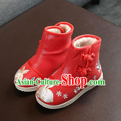 Chinese Handmade Winter Embroidered Red Boots Traditional Hanfu Shoes National Shoes for Kids