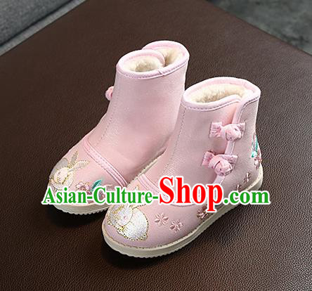 Chinese Handmade Winter Embroidered Pink Boots Traditional Hanfu Shoes National Shoes for Kids