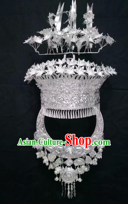 Chinese Traditional Handmade Miao Nationality Phoenix Coronet and Necklace Ethnic Wedding Hair Accessories for Women