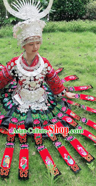 Chinese Traditional Miao Nationality Embroidered Red Costume Ethnic Folk Dance Dress for Women