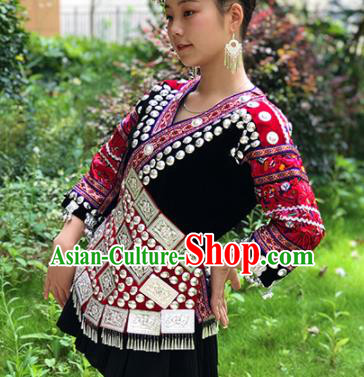 Chinese Traditional Miao Nationality Embroidered Costume Ethnic Folk Dance Black Short Dress for Women