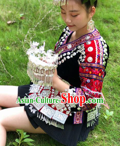 Chinese Traditional Miao Nationality Embroidered Costume Ethnic Folk Dance Black Short Dress for Women