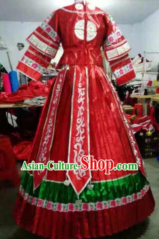 Chinese Traditional Miao Nationality Embroidered Costume Ethnic Folk Dance Red Dress for Women