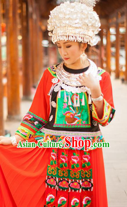 Chinese Traditional Miao Nationality Embroidered Costume and Headwear Ethnic Folk Dance Red Dress for Women