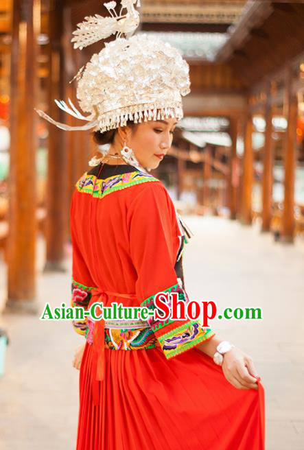 Chinese Traditional Miao Nationality Embroidered Costume and Headwear Ethnic Folk Dance Red Dress for Women
