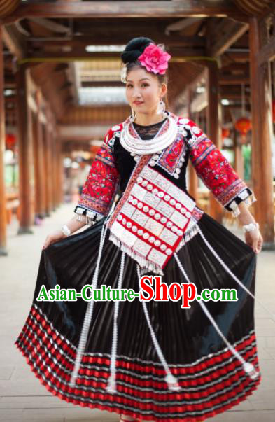 Chinese Traditional Miao Nationality Embroidered Costume Ethnic Folk Dance Black Dress for Women