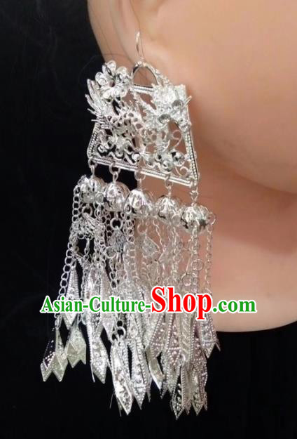 Chinese Handmade Traditional Miao Nationality Silver Earrings Ethnic Wedding Bride Accessories for Women