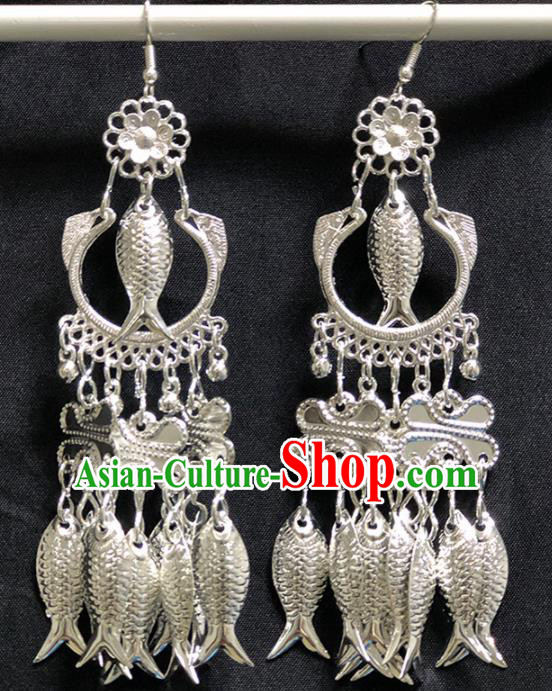 Chinese Handmade Traditional Miao Nationality Silver Fishes Tassel Earrings Ethnic Wedding Bride Accessories for Women