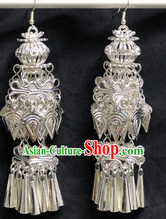 Chinese Handmade Traditional Miao Nationality Silver Tassel Earrings Ethnic Wedding Bride Accessories for Women