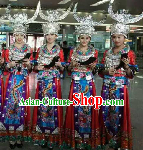 Chinese Traditional Miao Nationality Bride Embroidered Red Dress Ethnic Folk Dance Costume for Women