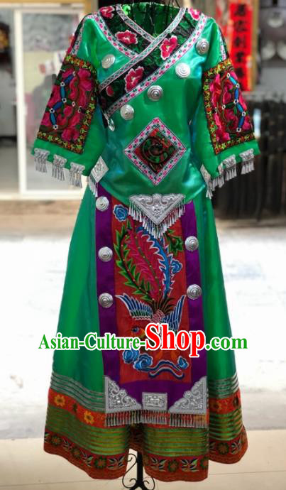 Chinese Traditional Miao Nationality Bride Embroidered Green Dress Ethnic Folk Dance Costume for Women