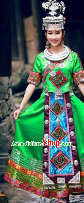 Chinese Traditional Miao Nationality Bride Embroidered Green Dress Ethnic Folk Dance Costume for Women