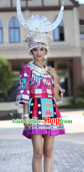 Chinese Traditional Miao Nationality Embroidered Purple Short Dress Ethnic Folk Dance Costume for Women