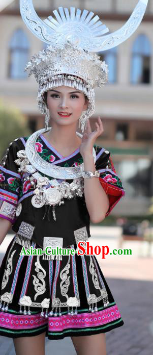 Chinese Traditional Miao Nationality Embroidered Black Short Dress and Headpiece Ethnic Folk Dance Costume for Women