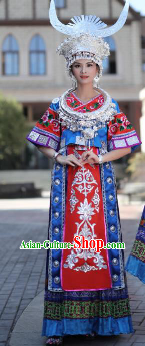 Chinese Traditional Miao Nationality Embroidered Royalblue Dress and Headpiece Ethnic Folk Dance Costume for Women