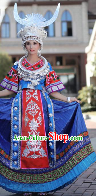 Chinese Traditional Miao Nationality Embroidered Royalblue Dress and Headpiece Ethnic Folk Dance Costume for Women