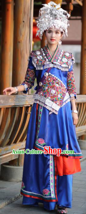 Chinese Traditional Miao Nationality Embroidered Blue Dress and Headpiece Ethnic Folk Dance Costume for Women