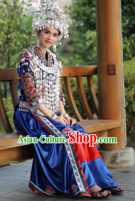 Chinese Traditional Miao Nationality Embroidered Blue Dress and Headpiece Ethnic Folk Dance Costume for Women