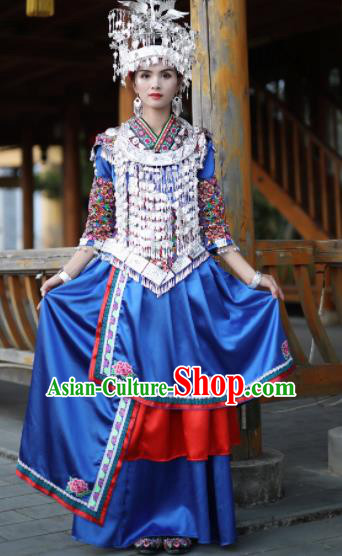 Chinese Traditional Miao Nationality Embroidered Blue Dress and Headpiece Ethnic Folk Dance Costume for Women