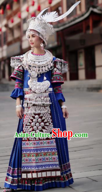 Chinese Traditional Miao Nationality Wedding Embroidered Royalblue Dress and Headpiece Ethnic Folk Dance Costume for Women