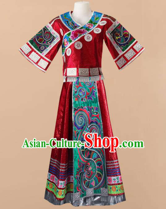 Chinese Traditional Tujia Nationality Wedding Embroidered Red Dress Ethnic Folk Dance Costume for Women