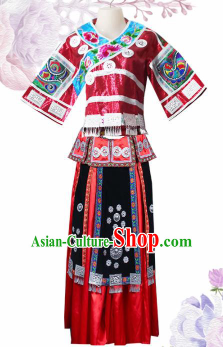 Chinese Traditional Guangxi Miao Nationality Wedding Embroidered Red Dress Ethnic Folk Dance Costume for Women