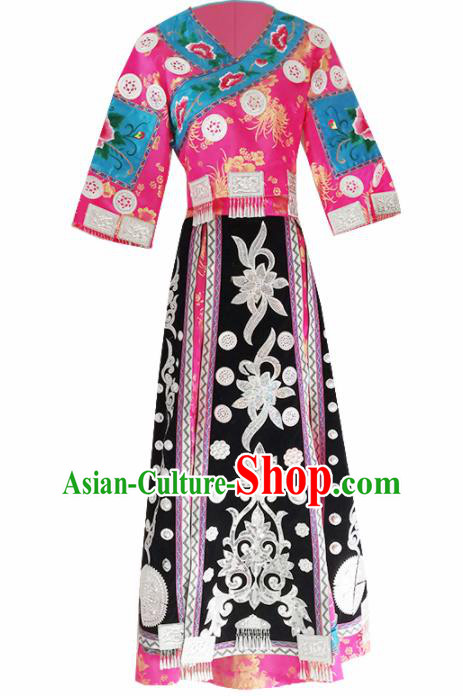 Chinese Traditional Guizhou Miao Nationality Wedding Embroidered Pink Dress Ethnic Folk Dance Costume for Women