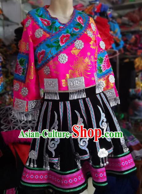 Chinese Traditional Guizhou Miao Nationality Wedding Embroidered Pink Short Dress Ethnic Folk Dance Costume for Women