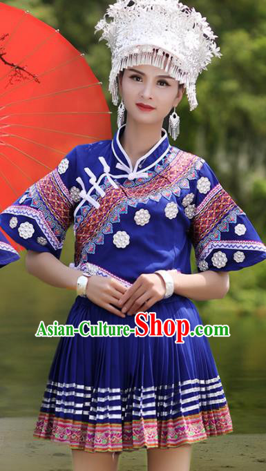 Chinese Traditional Buyi Nationality Wedding Embroidered Royalblue Short Dress Ethnic Folk Dance Costume for Women