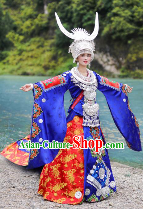 Chinese Traditional Xiangxi Miao Nationality Wedding Embroidered Royalblue Dress Ethnic Folk Dance Costume and Headpiece for Women