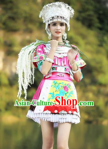 Chinese Traditional Xiangxi Miao Nationality Embroidered Pink Short Dress Ethnic Folk Dance Costume and Headpiece for Women