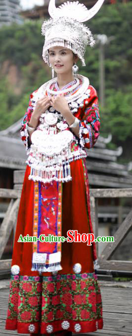 Chinese Traditional Miao Nationality Festival Embroidered Red Dress Ethnic Folk Dance Costume and Headpiece for Women