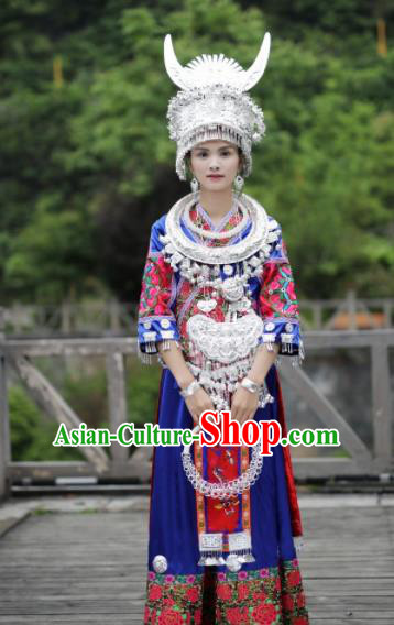 Chinese Traditional Miao Nationality Festival Embroidered Royalblue Dress Ethnic Folk Dance Costume and Headpiece for Women