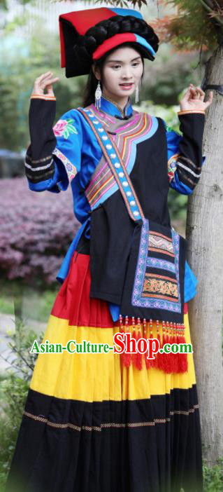 Chinese Traditional Yi Nationality Torch Festival Dress Ethnic Folk Dance Costume and Headpiece for Women