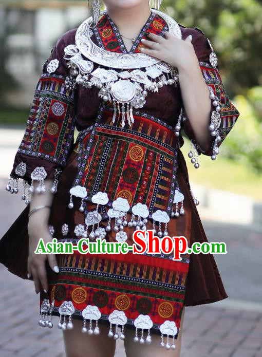 Chinese Traditional Miao Nationality Embroidered Brown Short Dress Ethnic Folk Dance Costume for Women