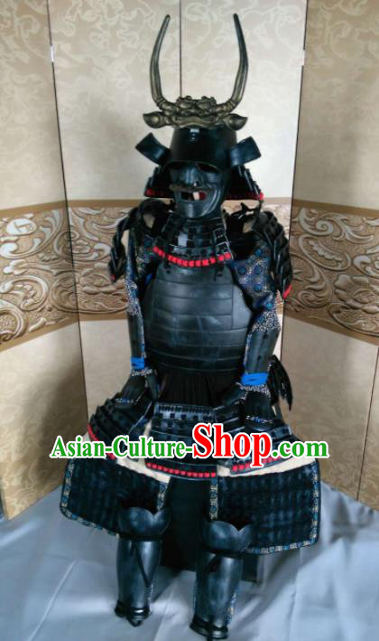 Japanese Handmade Traditional Samurai General Black Body Armor and Helmet Ancient Warrior Replica Costumes for Men