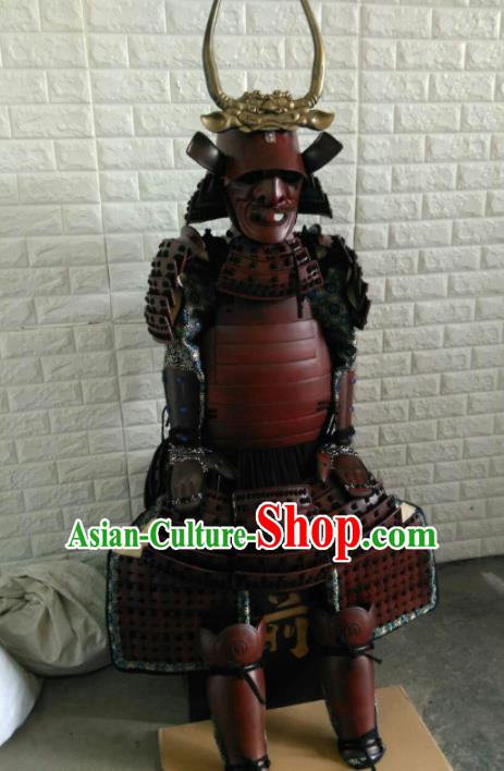 Japanese Handmade Traditional General Red Body Armor and Helmet Ancient Samurai Warrior Replica Costumes for Men