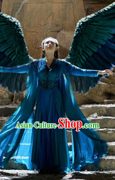 Chinese Ancient Princess of the Winged Tribe Yu Ran Blue Dress Drama Novoland Eagle Flag Replica Costumes and Headpiece for Women