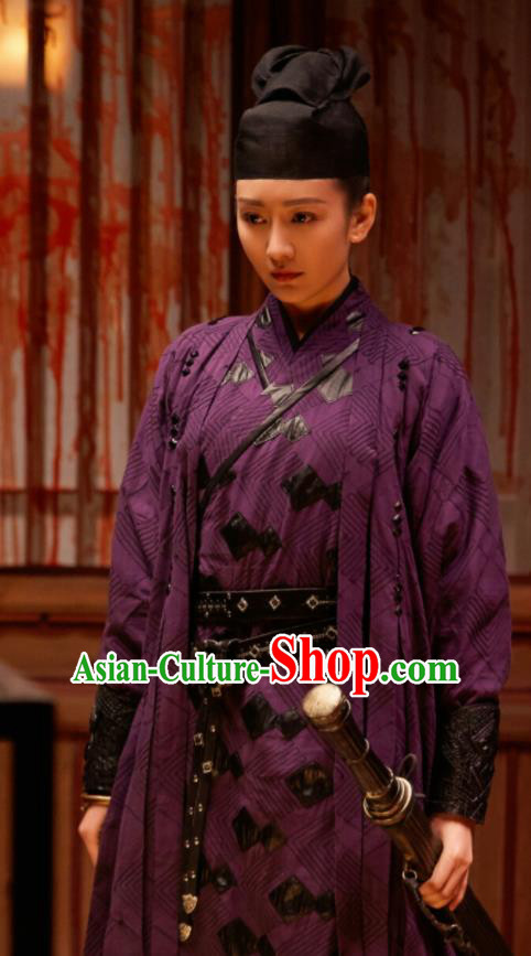 Chinese Ancient Female Swordsman Su Shunqing Purple Dress Drama Novoland Eagle Flag Wang Ou Replica Costumes and Hat for Women