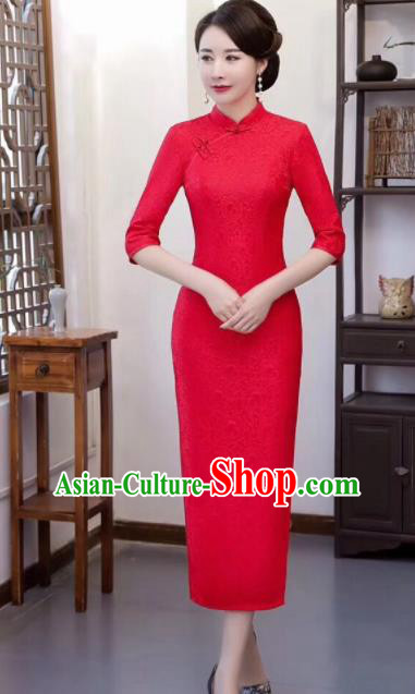 Chinese Traditional Qipao Dress Red Lace Cheongsam National Costumes for Women