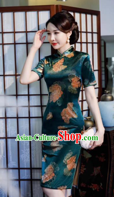 Chinese Traditional Qipao Dress Green Velvet Cheongsam National Costumes for Women