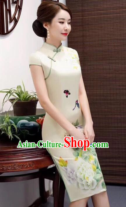 Chinese Traditional Qipao Dress Printing Peony Light Yellow Cheongsam National Costumes for Women