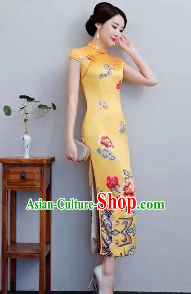 Chinese Traditional Qipao Dress Printing Peony Yellow Cheongsam National Costume for Women